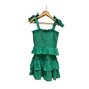 TCEC‎ Green Ruffle Smocked Dress Large Tiered Sleeveless Summer Sundress